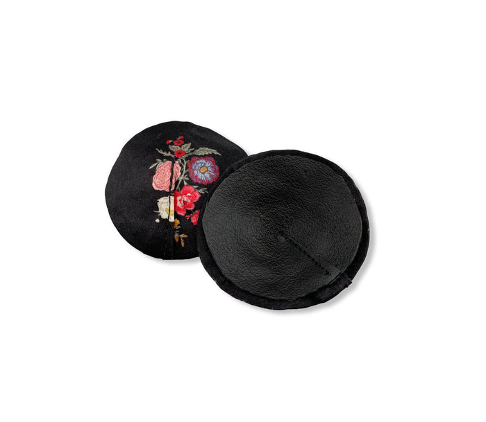 Black silk pasties with leather backing in floral motif for Victorian nostalgia and pinup glamour