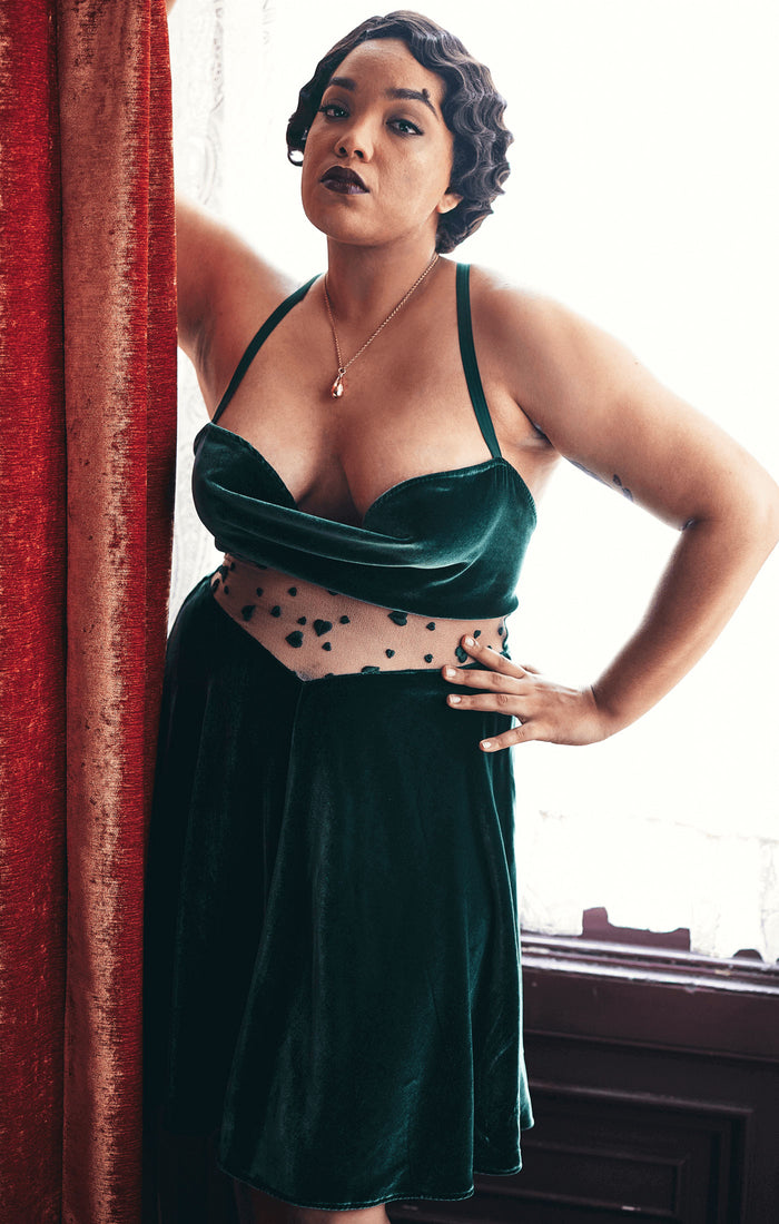 Pinup green velvet cowl dress with luxury heart lace inset