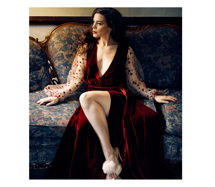 Wrap robe in shimmering silk red velvet with romantic heart sleeves in French lace with feather mules