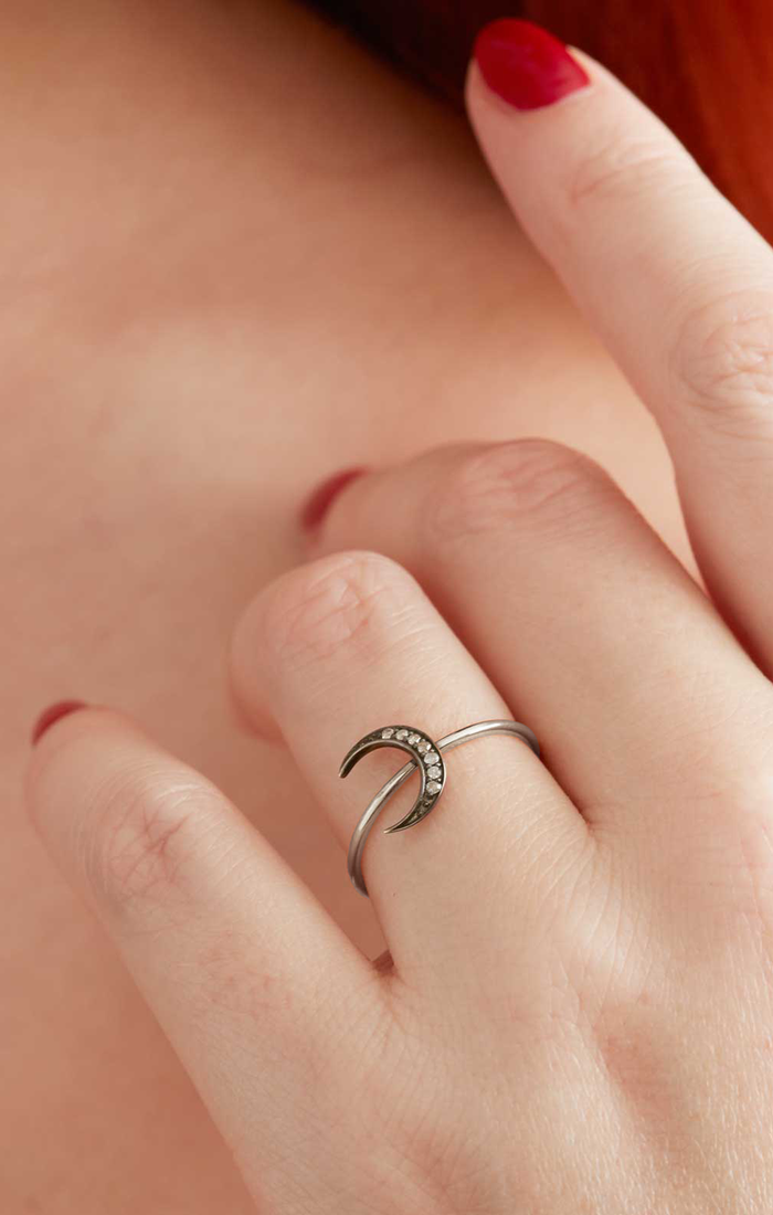 Silver diamond moon ring for witchy glamour