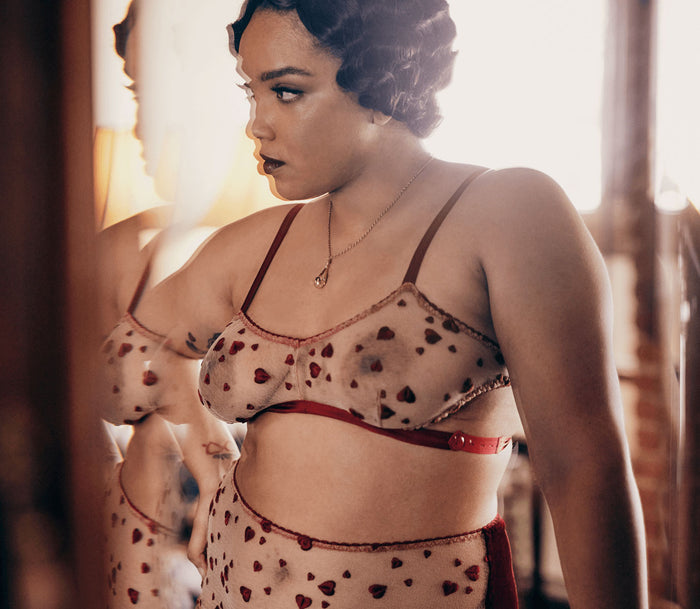 Curvy red bralette with hearts and sheer lingerie vintage style