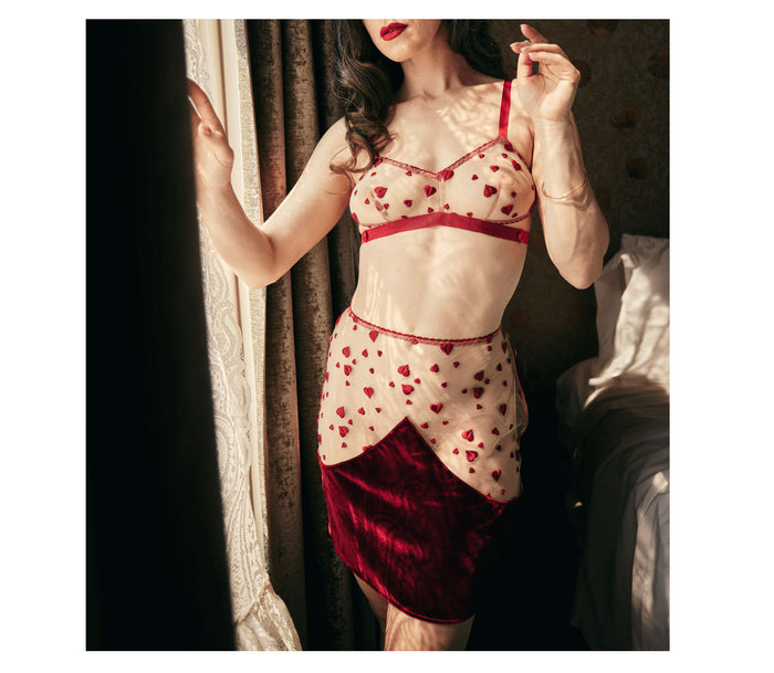 Red pinup burlesque lingerie set in red French heart lace and silk blend velvet, slip and bra for vintage style