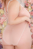 Bea York wears cute cotton pink underwear in women's high cut bikini silhouette with gathered scrunch butt seat and white picot elastic