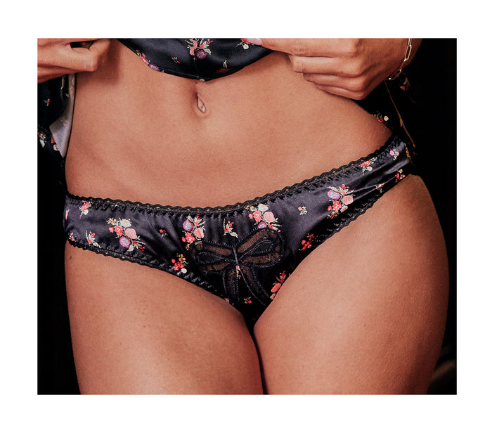 Cute low rise black silk floral panties with sweet heirloom bow lace detail and picot elastic trim for vampy style
