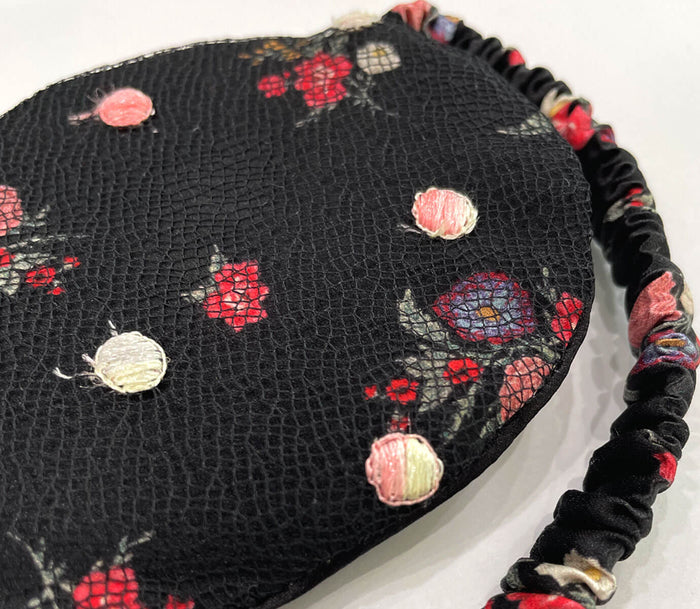 Dot embroidered black net French lace over deep dark floral silk charmeuse sleep mask for dreaming and gifting.
