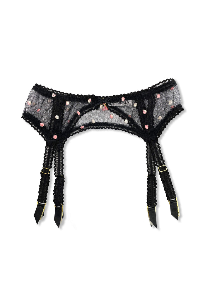 Posy Garter Belt | Pastel Pearl Polka Dot Embroidered Black Net Strappy Hosiery Pinup Suspender Evgenia LLC Posy Garter Belt | Pastel Pearl Polka Dot Embroidered Black Net Strappy Hosiery Pinup Suspender Evgenia LLC