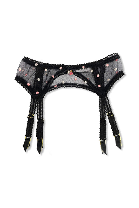 Posy Garter Belt | Pastel Pearl Polka Dot Embroidered Black Net Strappy Hosiery Pinup Suspender Evgenia LLC Posy Garter Belt | Pastel Pearl Polka Dot Embroidered Black Net Strappy Hosiery Pinup Suspender Evgenia LLC