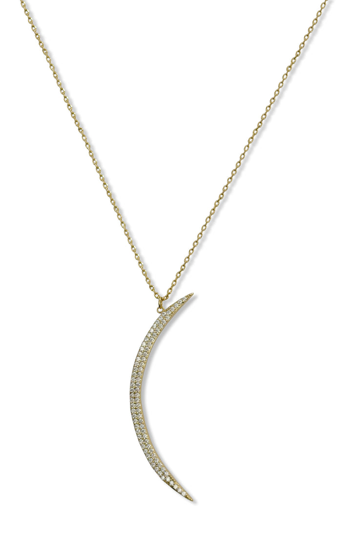 Gold-tone golden moon necklace with rhinestones in elegant, refined vintage celestial style for boudoir and wedding or date night style. Moon on gold chain on white backdrop.