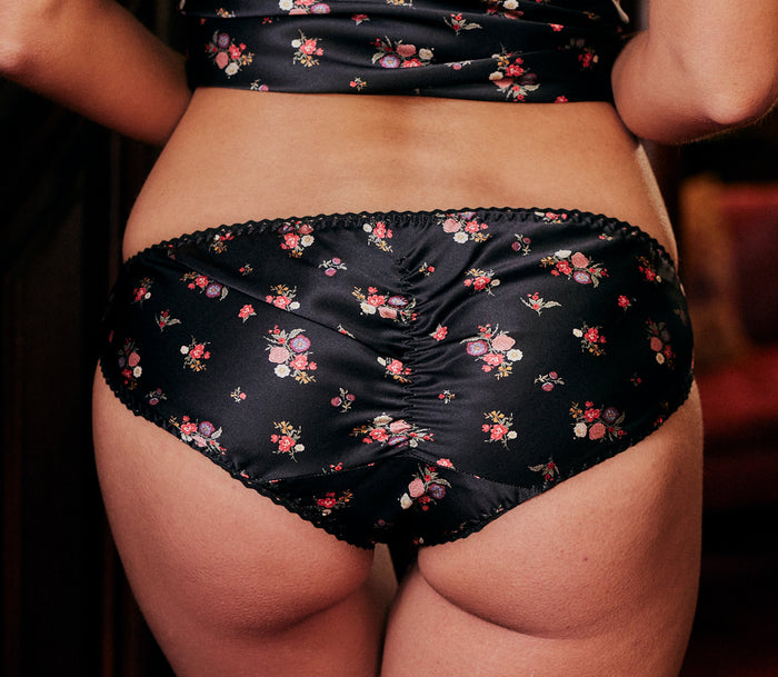 Black floral silk bias cut panty seat with ruching and picot detail for cute pinup style