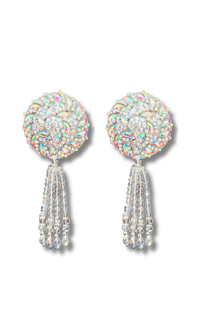 Showgirl aurora borealis glittery rhinestone shimmer pasties with chandelier beaded tassels for glamour and burlesque style designed for showgirls by Dita Von Teese and Appeeling in pinup nipple cover style and white rainbow shimmer.