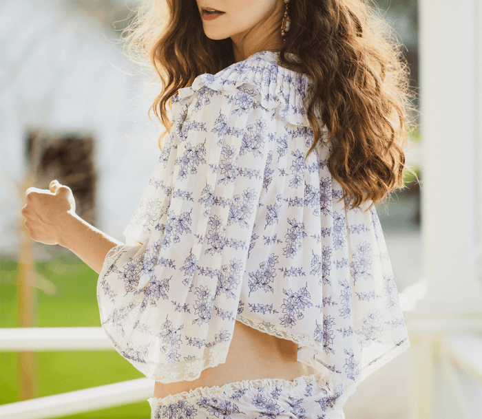 Ruffled blue and white cotton bed jacket for cottagecore style