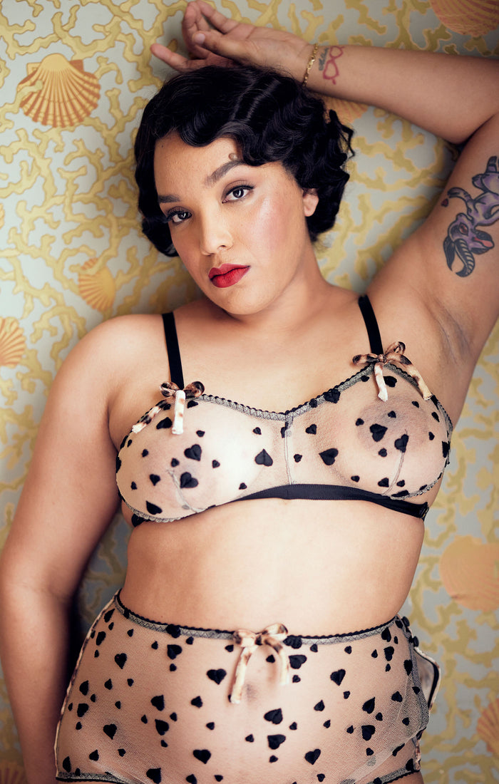 Vintage style leopard and black heart bralette for burlesque retro style