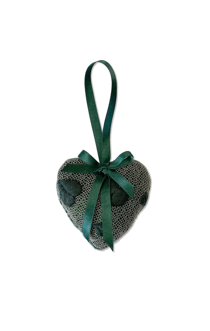 Green puffy pillow heart Christmas ornament from silk velvet and French lace with ribbon