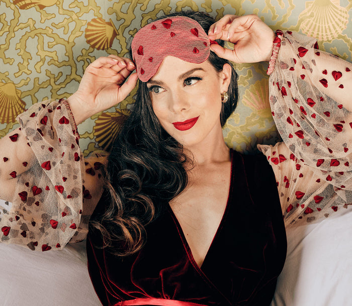 Luxury style sleep mask with red hearts and pinup style red robe in red velvet and heart lace