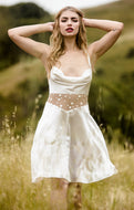 Ivory silk slip dress with fine lace insert in luxury silk charmeuse with bias cut drape