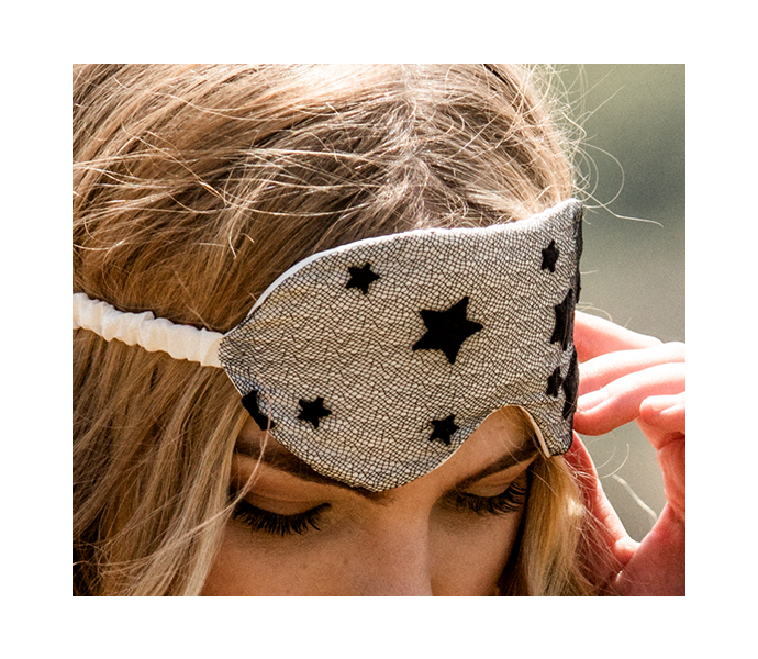Lace detail on silk eye mask with ivory silk and black star pattern lace