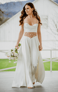 Silk slip wedding dress in ivory silk with luxury French lace insert and long bias cut style