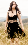 Black silk slip dress with French lace panel and star embroidery
