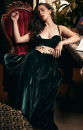 Luxury green lounge gown in silk velvet with French heart lace in Victorian room