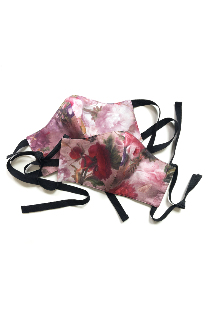 Silk and cotton face mask covering in printed floral silk with cotton lining and ribbon ties