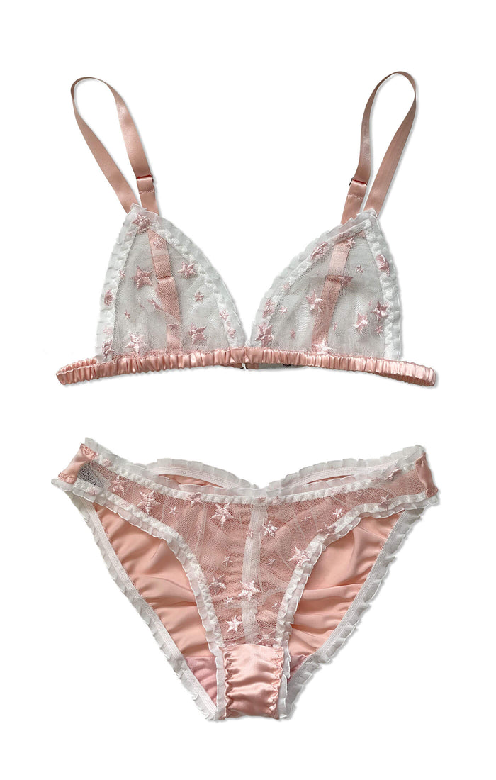 Pink silk bra set with white and pink star lace and white ruffles in triangle silhouette shown with matching high leg 1990s panty