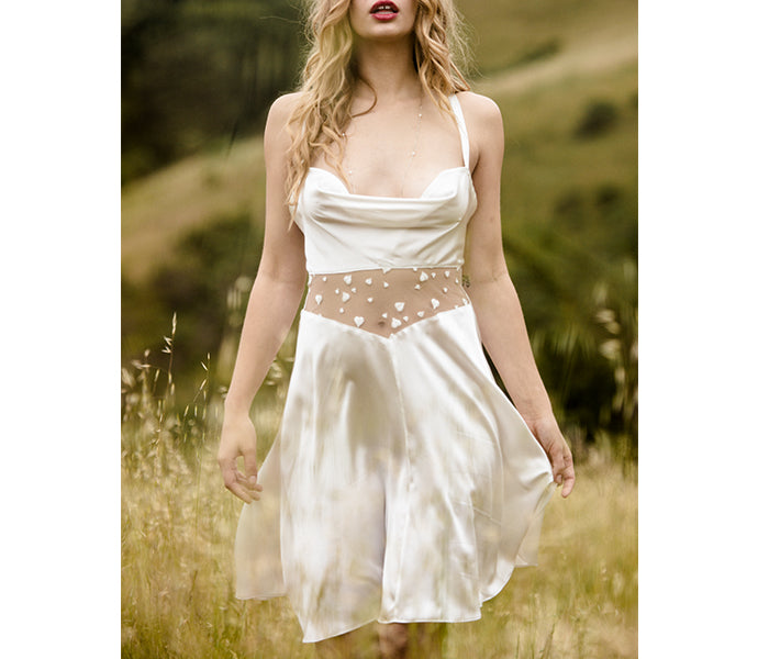 Silk slip dress in ivory silk with fine lace detail, perfect as luxury bridal lingerie