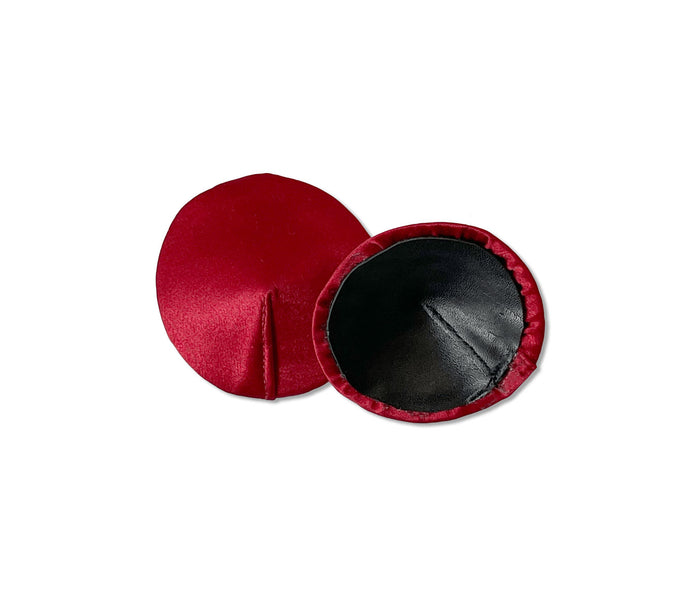 Red silk nipple pasties for showgirl style backed with black leather