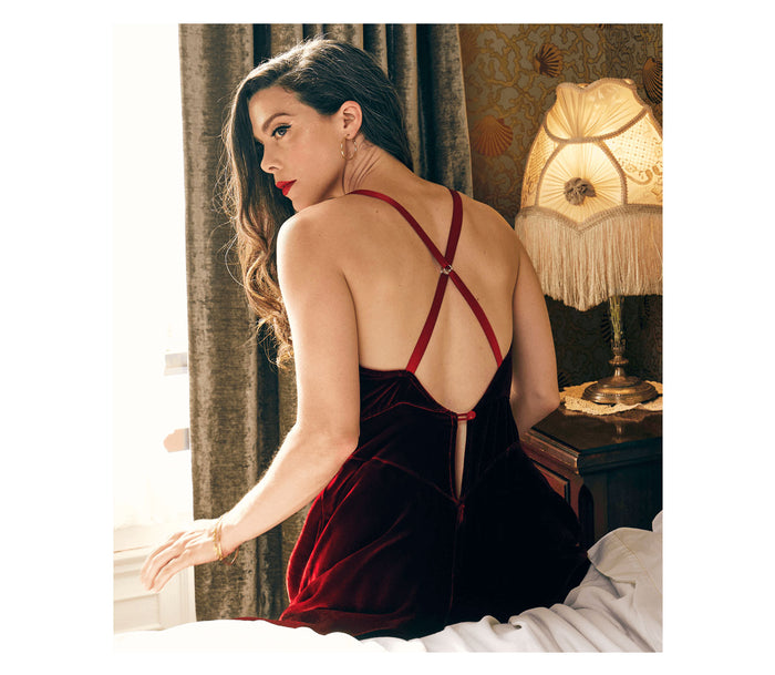Red silk criss cross straps of velvet gown dress in vintage style