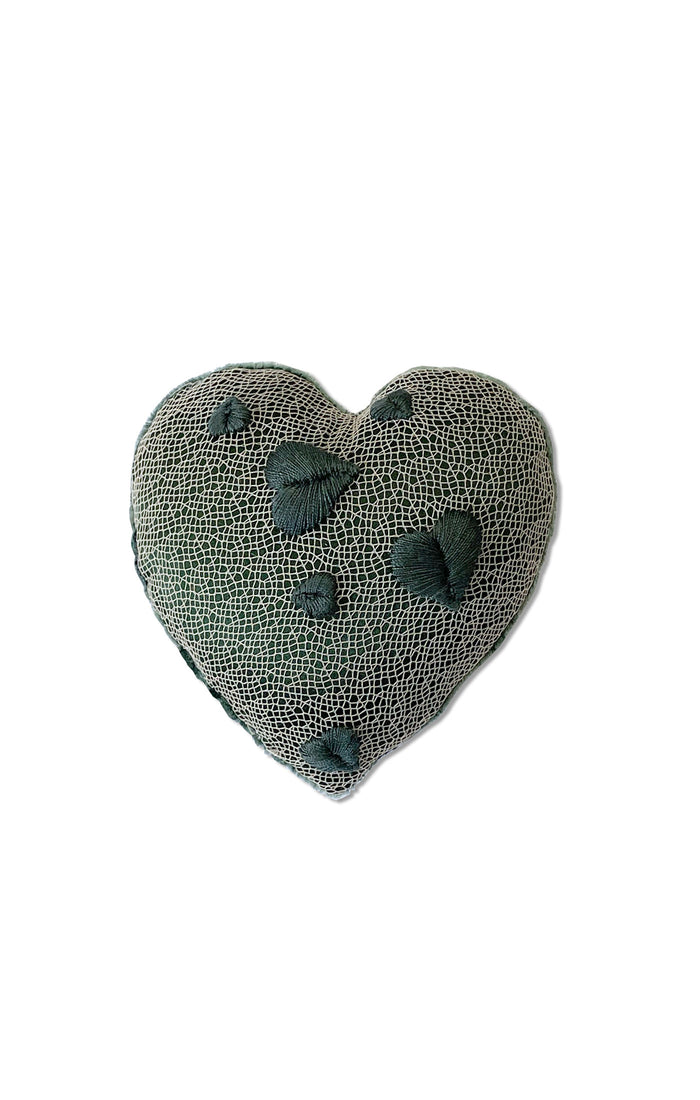 Green heart pillow sachet of silk blend velvet and French lace filled with lavender for lingerie drawer